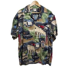Go Barefoot Hawaiian Shirt Mens XL Woody Car Jukebox Beach Aloha‎ Short Sleeve